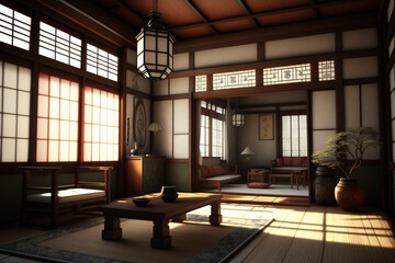 japanese interior design with traditional furniture like japanese lantern or table made with Generative AI