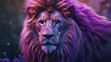 Lion with a vibrant purple mane, digital ai art.