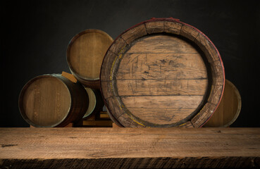 Wine casks at the winery. Stacked Wine barrels at the german winery. High quality photo