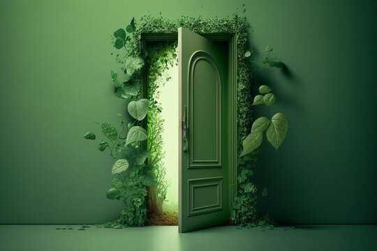 3d render, green open door isolated on green background with leaves made with Generative AI