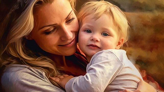 Painted image of a young mother holding her son in her arms, parenthood, mother's day