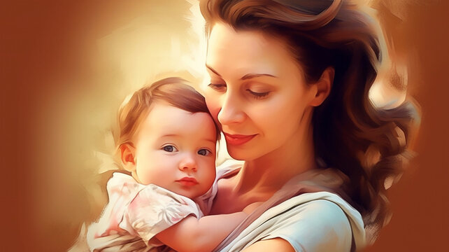 Painted image of a young mother holding her son in her arms, parenthood, mother's day, yellow background
