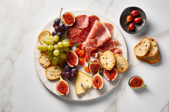 Italian appetizer prosciutto and cheeses served on marble board platter with figs and grape. Generative AI illustration