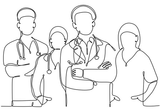 One Continuous Single Line Drawing Group Of Young Male And Female Doctors Posing Standing Together Holding Medical Reports. Teamwork Medical Concept Draw Single Line Design Vector Illustration