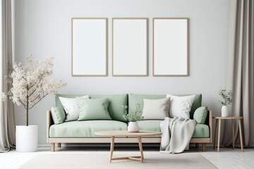 Fototapeta premium Modern scandinavian living room interior. Wooden picture frame, poster mockup. Sofa with throw blanket and pillows. Cherry plum blossoms in vase. Elegant stylish minimal home decor. Generative AI