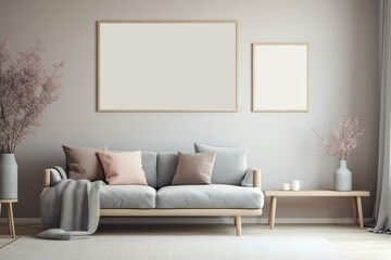 Modern scandinavian living room interior. Wooden picture frame, poster mockup. Sofa with throw blanket and pillows. Cherry plum blossoms in vase. Elegant stylish minimal home decor. Generative AI