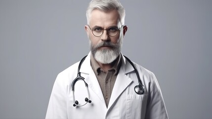 Doctor in a white coat with a stethoscope on a white insulated background looking into the camera. Generative ai.