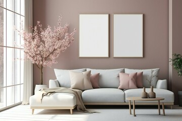 Modern scandinavian living room interior. Wooden picture frame, poster mockup. Sofa with throw blanket and pillows. Cherry plum blossoms in vase. Elegant stylish minimal home decor. Generative AI