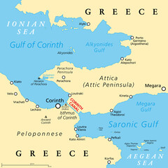 Corinth Canal, artificial waterway in Greece, political map. Connects Gulf of Corinth (Ionian Sea) with Saronic Gulf (Aegean Sea), cuts through Isthmus of Corinth, separates Peloponnese from Attica. - obrazy, fototapety, plakaty