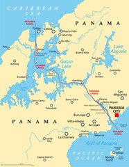 Panama Canal, political map. Artificial waterway in Panama, connecting the Atlantic Ocean (Caribbean Sea) with Pacific Ocean, cutting across the Isthmus of Panama, reducing the travel time for ships. - obrazy, fototapety, plakaty