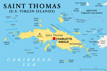 Saint Thomas, United States Virgin Islands, political map. One of the three largest islands of the USVI.  The territorial capital and port of Charlotte Amalie is located on this island. Vector.