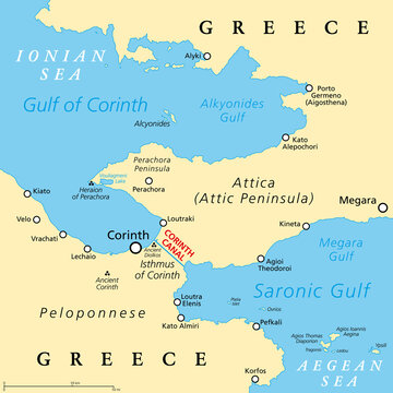 Corinth Canal, artificial waterway in Greece, political map. Connects Gulf of Corinth (Ionian Sea) with Saronic Gulf (Aegean Sea), cuts through Isthmus of Corinth, separates Peloponnese from Attica.