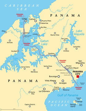 Panama Canal, political map. Artificial waterway in Panama, connecting the Atlantic Ocean (Caribbean Sea) with Pacific Ocean, cutting across the Isthmus of Panama, reducing the travel time for ships.