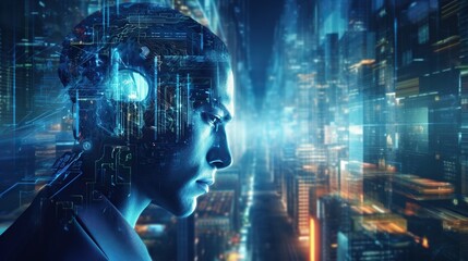 Fototapeta na wymiar A man with futuristic head gear is standing in a city, in the style of cyberneti. Generative AI