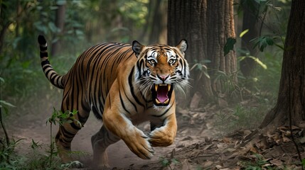 Fototapeta na wymiar Angry tiger running through forest created with Generative AI technology.