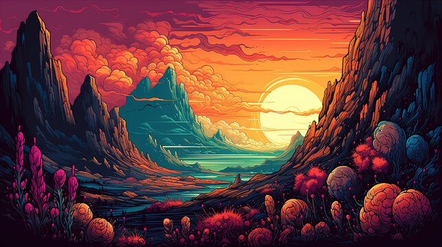Illustration of alien planet landscape colorful plants created with Generative AI technology.
