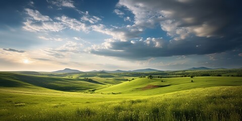 AI Generated. AI Generative. Photo realistic Illustration of green field grass hills landscape. Graphic Art