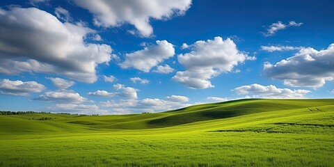 Obraz premium AI Generated. AI Generative. Photo realistic Illustration of green field grass hills landscape. Graphic Art