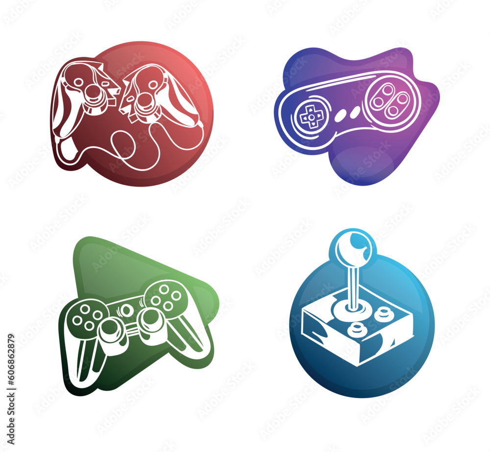 Poster stylish game logos set. stickers for social networks and messengers. joystick, gamepad and remote co