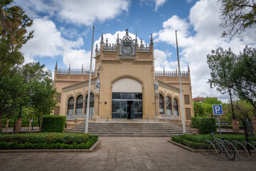 Fototapeta na wymiar Royal pavilion (Pabellon Real) at Plaza de America in Maria Luisa Park - Seville, Andalusia, Spain