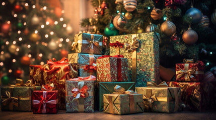 Fototapeta premium Beautiful Christmas gifts under fir tree on floor in room, Created using generative AI tools.