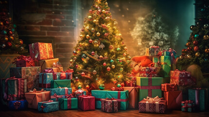 Naklejka na ściany i meble Beautiful Christmas gifts under fir tree on floor in room, Created using generative AI tools.