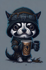 Ninja Dog Holding A Cup Of coffee, A Coffee Cup, Cute Dog, AI-Generating-Image