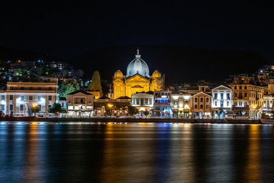 Night Shot of  Mytilini Harbour on the Island of Lesvos, Greece