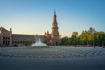 Plaza de Espana with Fountain and South Tower - Seville, Andalusia, Spain
