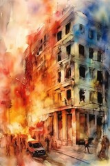 During the war, buildings in the city burned. (Watercolor style, Generative AI)