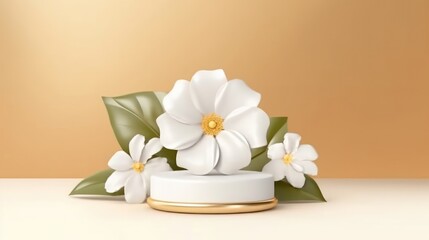 Fototapeta na wymiar A white flower 3D podium for beauty product presentation. (Illustration, Generative AI)