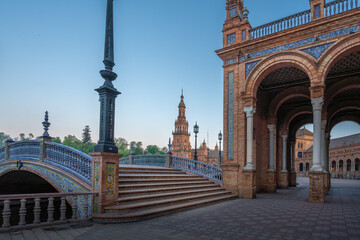 Plaza de Espana with Leon Bridge, Arches and North Tower - Seville, Andalusia, Spain