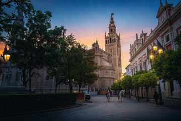 Fototapeta na wymiar Seville Cathedral and Plaza del Triunfo at sunset - Seville, Andalusia, Spain