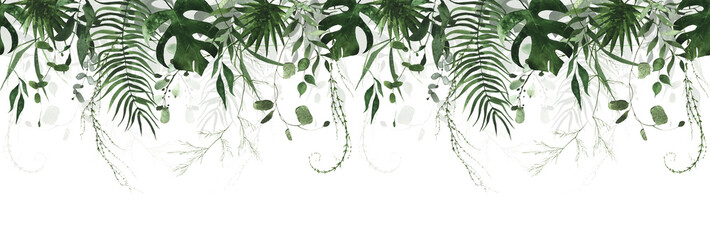 Watercolor jungle exotic greenery seamless border frame. Dark green exotic palm branches, monstera leaves, fern twigs. - obrazy, fototapety, plakaty