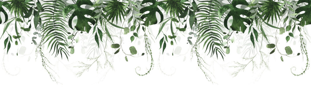 Watercolor jungle exotic greenery seamless border frame. Dark green exotic palm branches, monstera leaves, fern twigs.