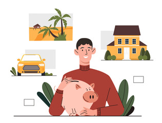 Personal finance concept. Man with piggy bank dreams of buying house and car, or travel. Savings and money, cash. Young guy with financial targets and strategy. Cartoon flat vector illustration