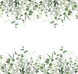 Watercolor painted greenery seamless frame on white background. Green wild plants, branches, leaves and twigs.