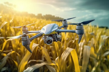 Naklejka na ściany i meble a small drone in the air over a field of wheat,. Generative AI