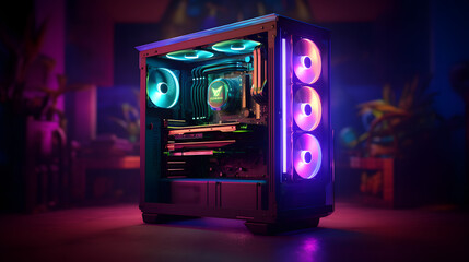 Power and speed of a high-performance gaming PC with a macro lens, emphasizing vibrant RGB lighting, advanced cooling, and immersive gaming experience. Generative AI
