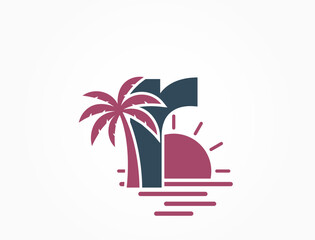 lowercase letter r with sun, sea and palm tree. vacation alphabet logotype symbol. summer and exotic design
