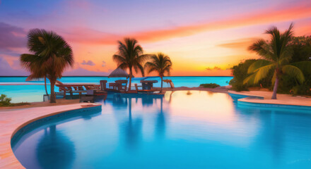 Fototapeta na wymiar Sunset by the pool overlooking the ocean