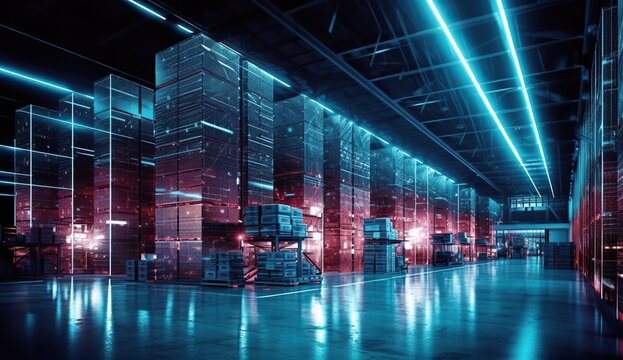 3d image of large warehouse with blue and red lights. Generative AI