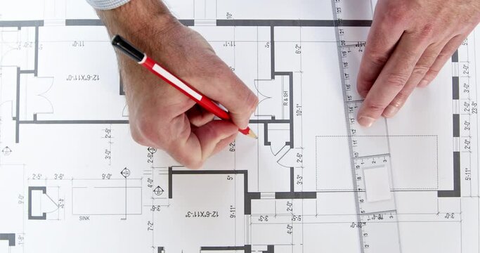 Man hands draw line on building project using pencil and ruler. Worker hands draw and write measurements while drawing lies on surface closeup