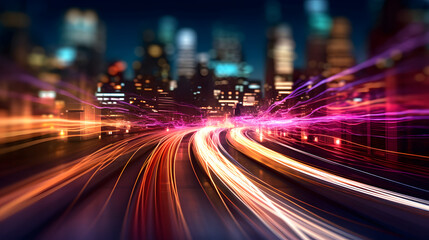 The speed and reliability of a fiber optic internet connection with a long-exposure shot, highlighting fast downloads, seamless streaming, and online productivity