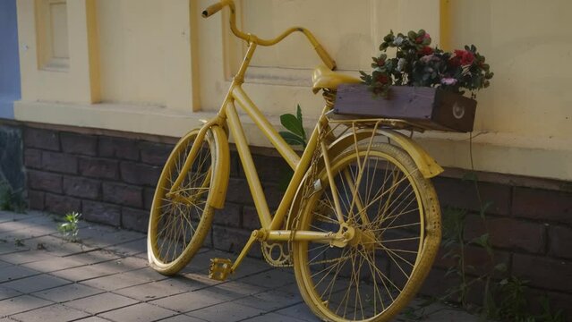 Yellow vintage bicycle with a box of flowers on the background of the wall
