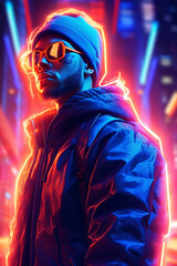 A neon man a neon jacket, cyberpunk man with generative ai