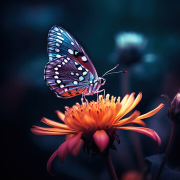 butterfly on a flower on a black background. Image created with Generative AI technology.