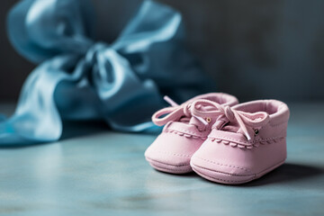 Fototapeta na wymiar Pair of pink baby shoes. Generative AI illustration