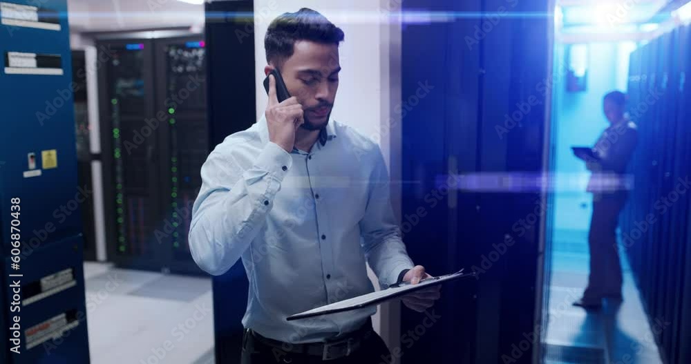 Aufkleber Server room, cellphone call and man talking with system report, document analysis and update. Engineering, programmer and smartphone in data center for planning maintenance, cybersecurity and network