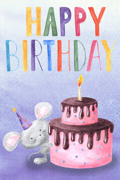 Hand drawn watercolor two tiered chocolate cream birthday cake with glowing candle and funny mouse.Invitation greeting birthday card on textured violet background